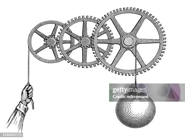 old engraved illustration of mechanical powers, examples of the practical application of the mechanical power - vintage stock illustrations stockfoto's en -beelden