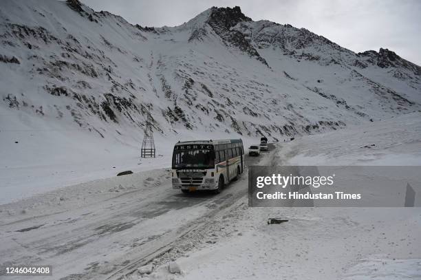 Vehicles seen passing through at Zojila mountain pass that connects Srinagar to the union territory of Ladakh, on January 6, 2023 in Srinagar, India....