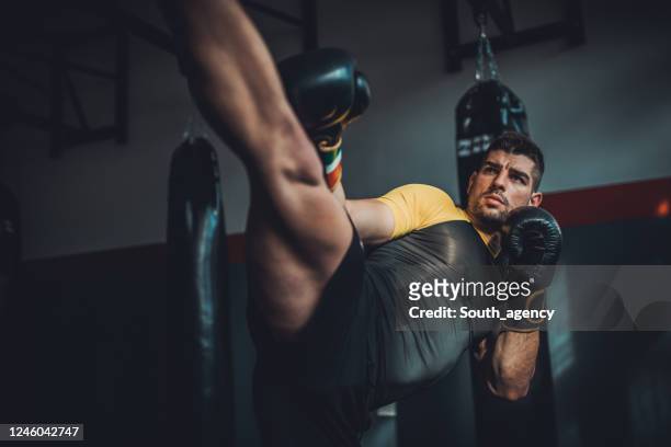man kick boxer training alone in gym - mixed martial arts stock pictures, royalty-free photos & images