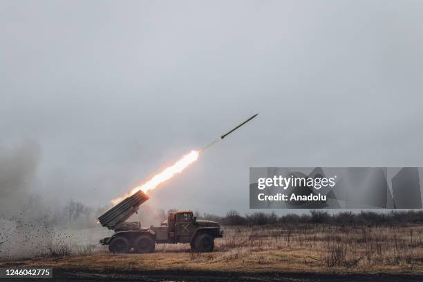 Ukrainian soldiers fire grad missiles on the Pisky frontline in Donetsk oblast, Ukraine on January 6, 2023.