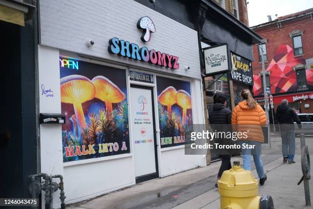 Toronto ON-Jan 06. A magic mushroom shop selling psychedelics, Shroomyz on Queen West. Fast Fashion outlet H&M has left Queen Street West. The once...