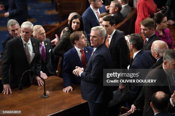 Republican Representative of California Kevin McCarthy listens as lawmakers try to elect a House Speaker at the US Capitol in Washington, DC, on...