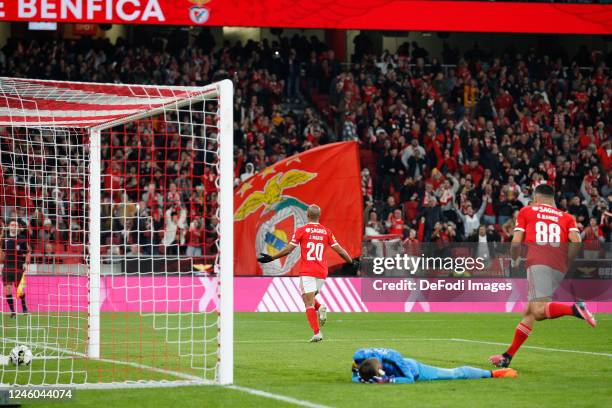 Joao Mario of SL Benfica celebrates after scoring his team's first goal during the Liga Portugal Bwin match between SL Benfica and Portimonense SC at...