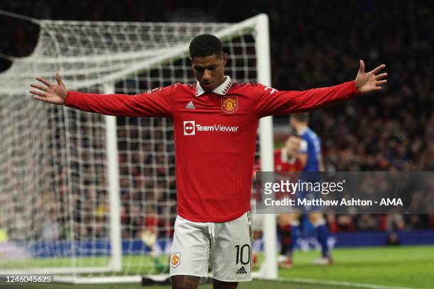 Marcus Rashford of Manchester United celebrates after Conor Coady of Everton turns his cross into the net giving Manchester United a 2-1 lead during...