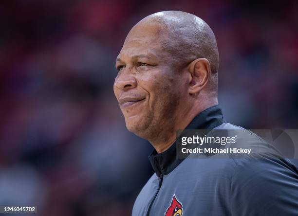 Head coach Kenny Payne of the Louisville Cardinals is seen during the game against the Syracuse Orange at KFC YUM! Center on January 3, 2023 in...