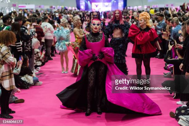 Drag queen attends The Queen's Walk during the opening of the RuPauls DragCon UK 2023, presented by World of Wonder at ExCel London from 6-8 January...
