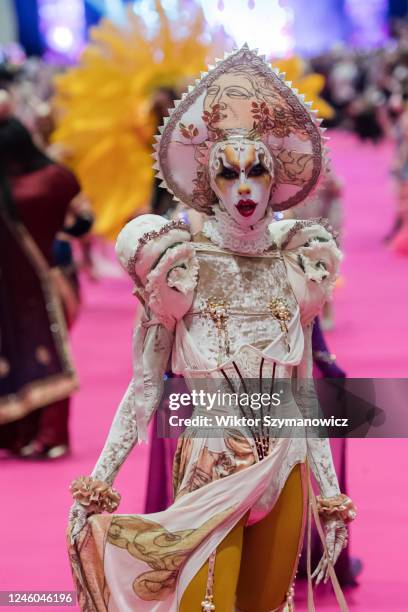 Drag queen Hugaceo Crujiente attends The Queen's Walk during the opening of the RuPauls DragCon UK 2023, presented by World of Wonder at ExCel London...