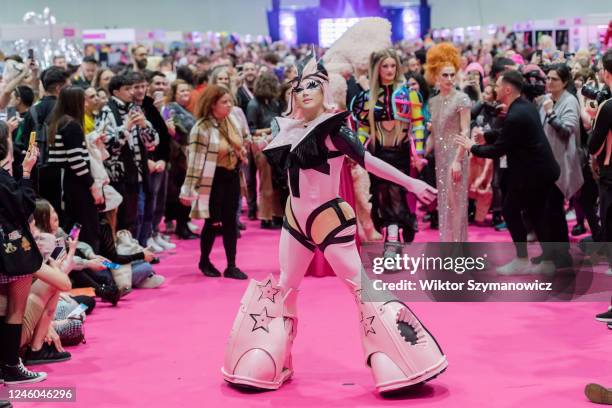 Drag queen Rock M Sakura attends The Queen's Walk during the opening of the RuPauls DragCon UK 2023, presented by World of Wonder at ExCel London...