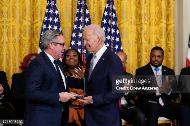 President Joe Biden presents a Presidential Citizens Medal to Al Schmidt, former Republican Philadelphia City Commissioner and incoming Pennsylvania...