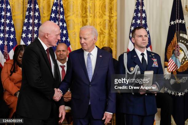 President Joe Biden presents former Arizona House speaker Rusty Bowers a Presidential Citizens Medal during a ceremony to mark the two-year...