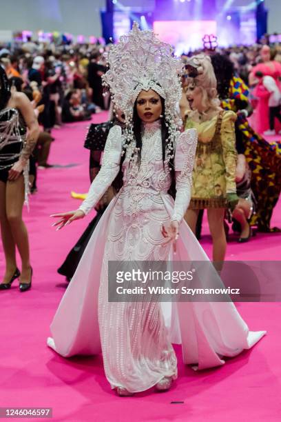 Drag queen Stephanie Prince attends The Queen's Walk during the opening of the RuPauls DragCon UK 2023, presented by World of Wonder at ExCel London...