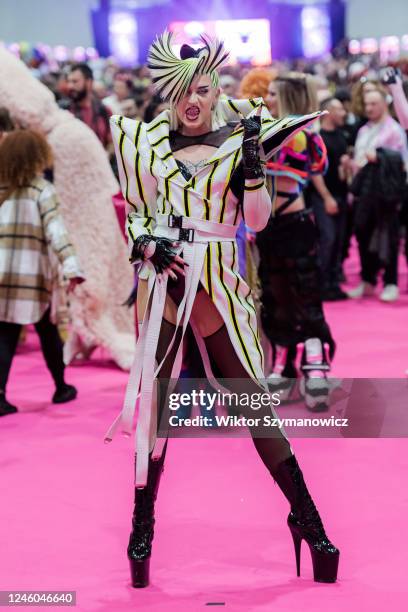 Drag queen attends The Queen's Walk during the opening of the RuPauls DragCon UK 2023, presented by World of Wonder at ExCel London from 6-8 January...