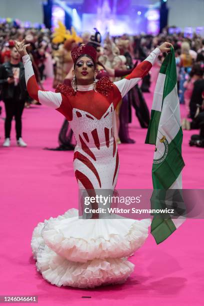 Drag queen Jota Carajota attends The Queen's Walk during the opening of the RuPauls DragCon UK 2023, presented by World of Wonder at ExCel London...