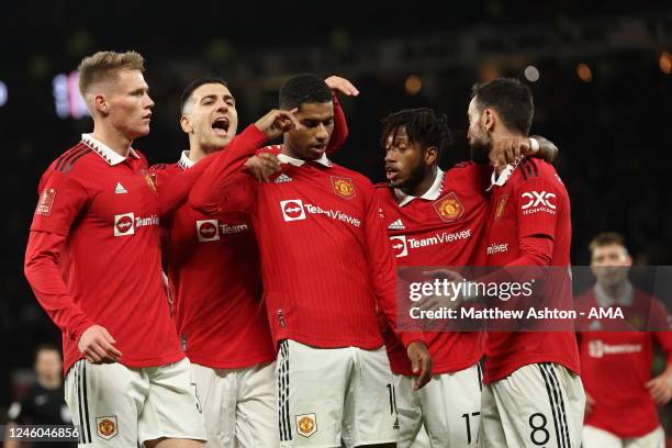 Marcus Rashford of Manchester United celebrates after scoring a goal to make it 3-1 during the Emirates FA Cup Third Round match between Manchester...