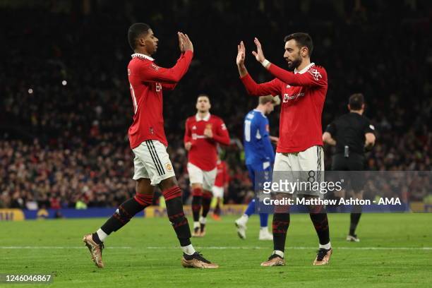 Marcus Rashford of Manchester United celebrates after scoring a goal to make it 3-1 with Bruno Fernandes during the Emirates FA Cup Third Round match...