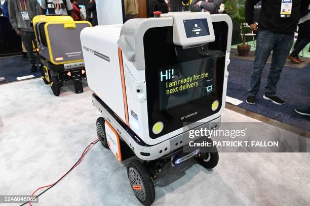 The Ottonomy.io Ottobot Yeti, a customizable autonomous delivery robot for unattended deliveries, is displayed during the Consumer Electronics Show...