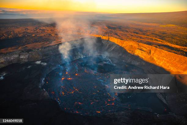Lava erupts in the Halemaʻumaʻu Crater of the Kilauea Volcano on January 6, 2023 in Kilauea, Hawaii. After almost a month of inactivity, the Kilauea...