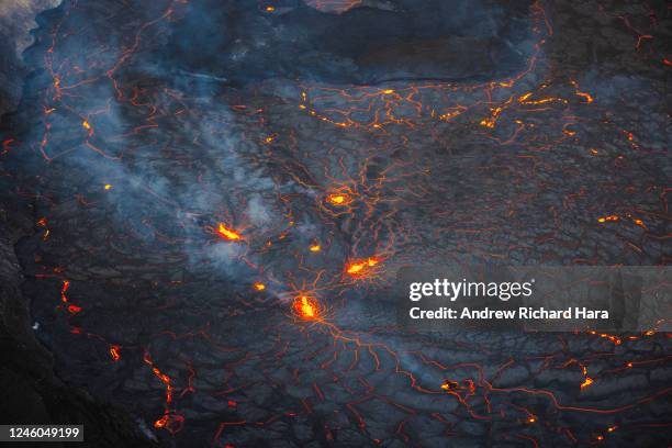 Lava erupts in the Halemaʻumaʻu Crater of the Kilauea Volcano on January 6, 2023 in Kilauea, Hawaii. After almost a month of inactivity, the Kilauea...