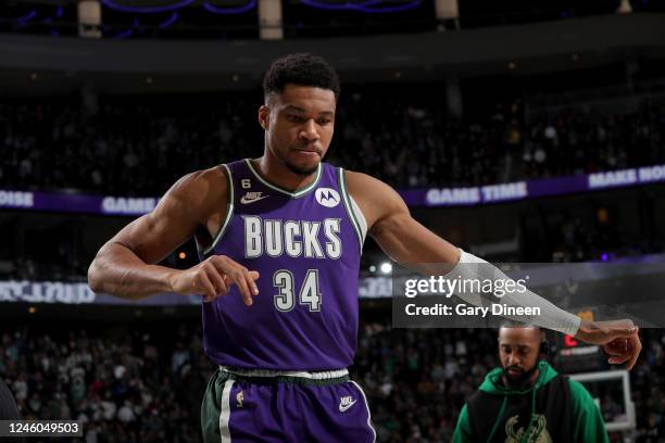 Giannis Antetokounmpo of the Milwaukee Bucks looks on before the game against the Charlotte Hornets on January 6, 2023 at the Fiserv Forum Center in...