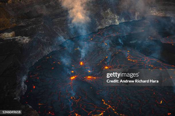 Lava erupts in the Halemaʻumaʻu Crater of the Kilauea Volcano on January 6, 2023 in Kilauea, Hawaii. After almost a month of inactivity, the Kilauea...