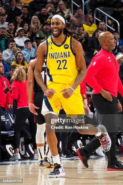 Isaiah Jackson of the Indiana Pacers celebrates during the game against the Portland Trail Blazers on January 6, 2023 at Gainbridge Fieldhouse in...