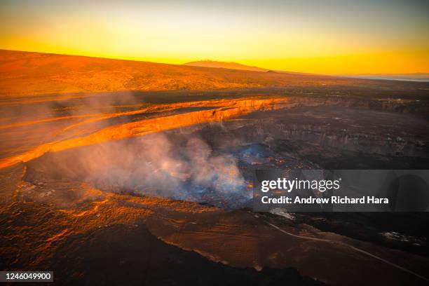 Lava erupts in the Halemaʻumaʻu Crater of the Kilauea Volcano on January 6, 2023 in Kilauea, Hawaii. After almost a month of inactivity, the Kilauea...