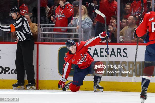 Nicolas Aube-Kubel of the Washington Capitals celebrates a goal in the second period against the Nashville Predators at Capital One Arena on January...