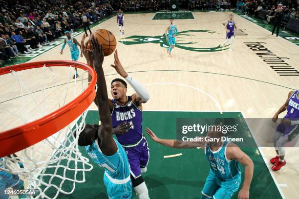 Giannis Antetokounmpo of the Milwaukee Bucks drives to the basket against the Charlotte Hornets on January 6, 2023 at the Fiserv Forum Center in...