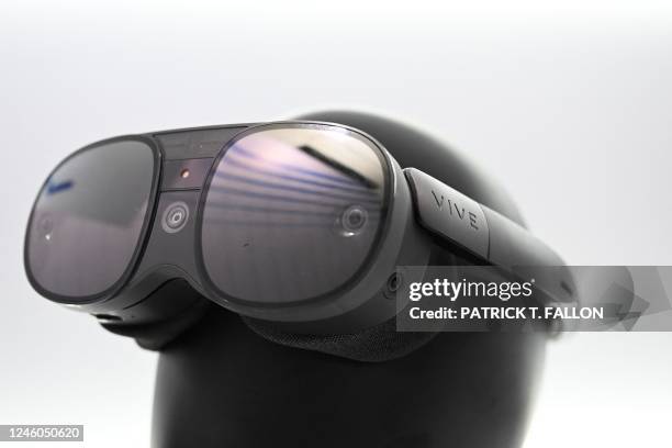 The HTC Vive XR Elite headset in glasses mode for both virtual reality and augmented reality is displayed during the Consumer Electronics Show in Las...