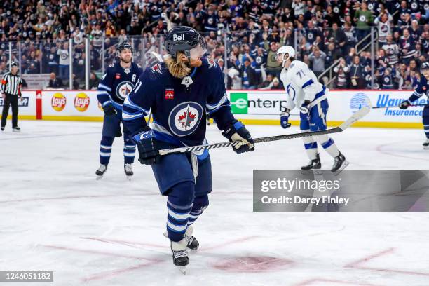 Kyle Connor of the Winnipeg Jets celebrates after scoring a third period goal against the Tampa Bay Lightning at the Canada Life Centre on January 6,...
