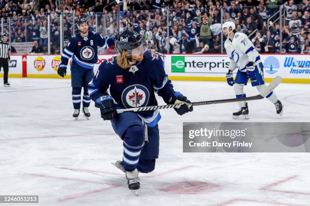 Kyle Connor of the Winnipeg Jets celebrates after scoring a third period goal against the Tampa Bay Lightning at the Canada Life Centre on January 6,...