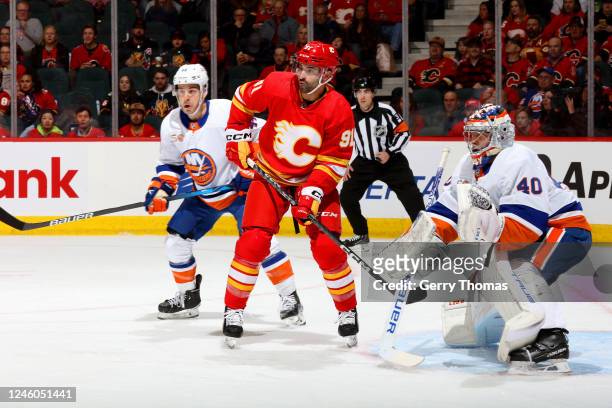 Nazem Kadri of the Calgary Flames skates against Jean-Gabriel Pageau of the New York Islanders at Scotiabank Saddledome on January 06, 2023 in...