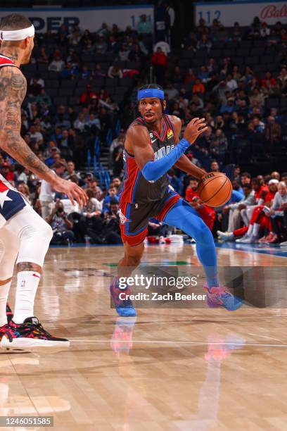 Shai Gilgeous-Alexander of the Oklahoma City Thunder drives to the basket during the game against the Washington Wizards on January 6, 2023 at Paycom...