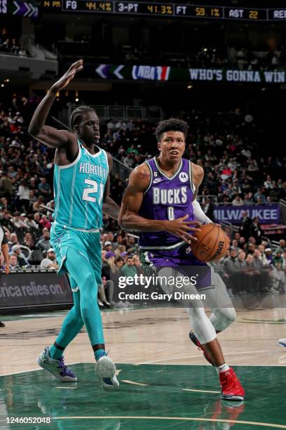 Marjon Beauchamp of the Milwaukee Bucks drives to the basket against the Charlotte Hornets on January 6, 2023 at the Fiserv Forum Center in...