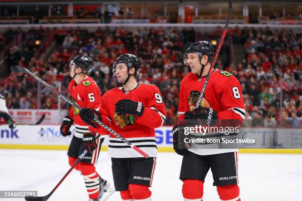 Chicago Blackhawks Winger Tyler Johnson and Chicago Blackhawks Defenceman Jack Johnson looks on during a game between the Arizona Coyotes and the...