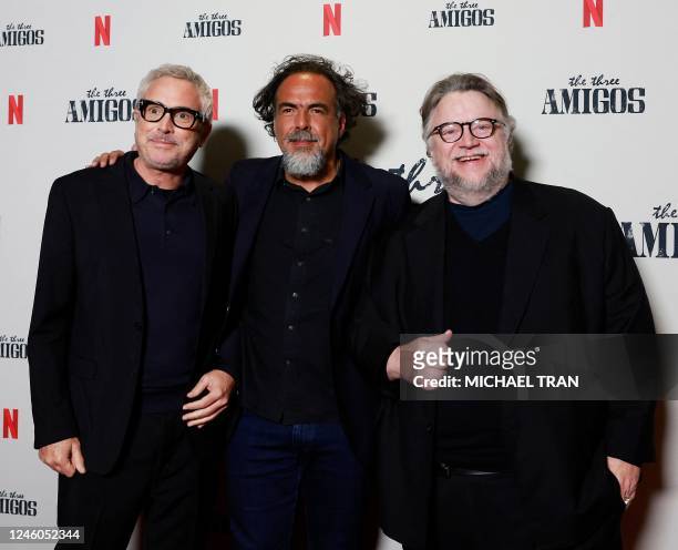 Mexican filmmakers Alfonso Cuaron , Alejandro Gonzalez Inarritu and Guillermo del Toro attend Netflix's "Three Amigos in Conversation" at David...