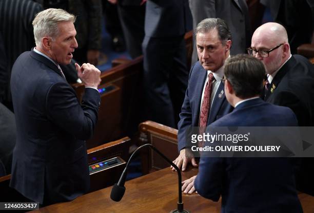 Representative Kevin McCarthy speaks to fellow members of the House, as voting continues for a new speaker at the US Capitol in Washington, DC, on...