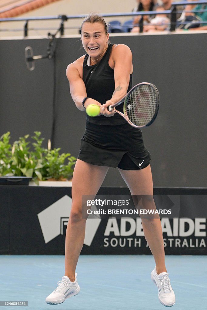 Belarus' Aryna Sabalenka hits a return against Romania's ...