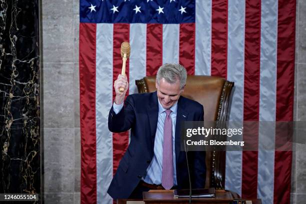Representative Kevin McCarthy, a Republican from California, holds the Speaker's gavel after becoming House speaker during a meeting of the 118th...