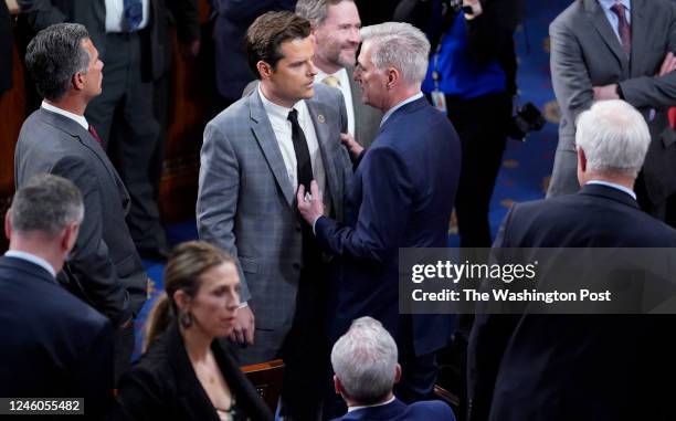 Washington , D.C. Matt Gaetz speaks with Kevin McCarthy after in the 14th round of voting for speaker in a meeting of the 118th Congress, Friday,...