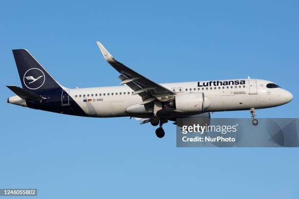 Lufthansa Airbus A320 landing at London Heathrow Airport, Hounslow, United Kingdom Wednesday 14th December 2022.