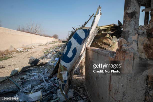 January 8, 2020 file photo shows, A piece of wreckage from the Ukrainian flight PS752 International airlines is seen at the site of a crash about...