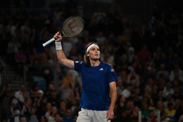 Greeces Stefanos Tsitsipas celebrates a point against Italys Matteo Berrettini during their mens singles in the semi-final of the United Cup tennis...
