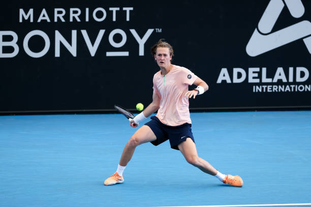 Sebastian Korda of United States plays a forehand during the Adelaide International tennis match between Sebastian Korda of United States and...