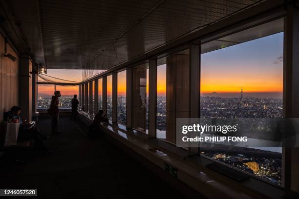 People visit the I-link Town observatory as the Tokyo Skytree and Mount Fuji are seen during the evening hour in Ichikawa city, Chiba prefecture,...