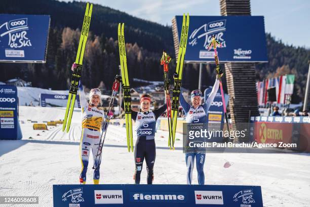 Katharina Hennig of Team Germany takes 1st place, Frida Karlsson of Team Sweden takes 2nd place, Kerttu Niskanen of Team Finland takes 3rd place...