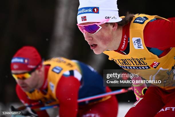 Norway's Johannes Hosflot Klaebo competes in the Men's Mass Start 15 km Classic event at the FIS Tour de Ski stage on January 7, 2023 in Val di...
