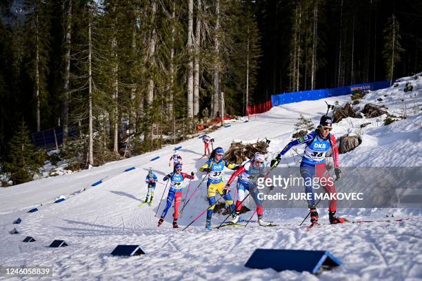 France's Chloe Chevalier competes in the Women 10 km Pursuit competition of the IBU Biathlon World Cup in Pokljuka, on January 7, 2023.
