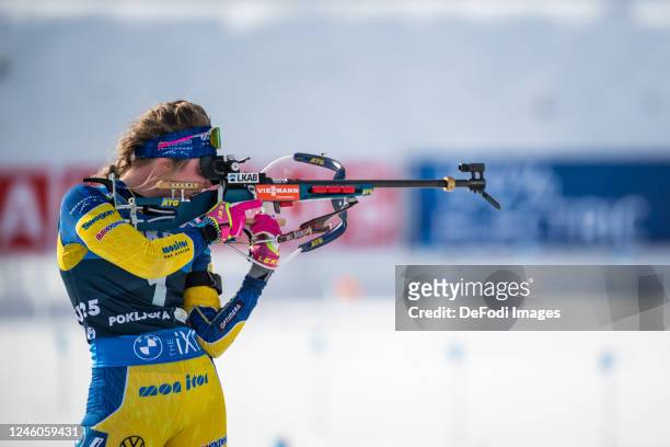 Elvira Oeberg of Sweden at the shooting range during the Women 10 km Pursuit at the IBU World Championships Biathlon Pokljuka on January 7, 2023 in...
