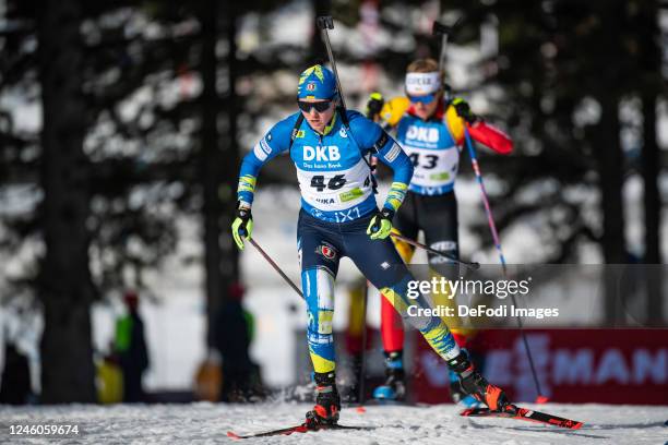 Daria Blashko of Ukraine in action competes during the Women 10 km Pursuit at the IBU World Championships Biathlon Pokljuka on January 7, 2023 in...